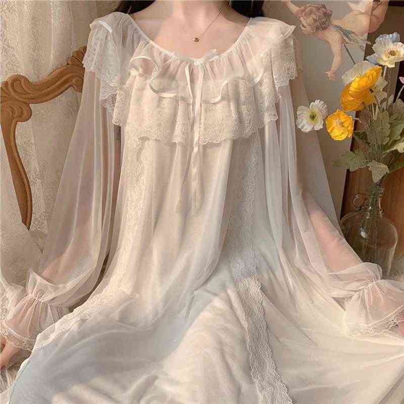 Lolita Dress Princess White Lace Womens Sleepwears Mesh Fairy Night Victorian Vintage Nightgown Kawaii Nightdress Loungewear