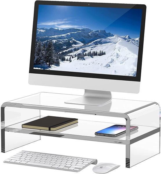 Clear Acrylic Monitor Stand Riser 2 Tier, 5.5 Inches High Clear Monitor Stand-Computer Desk Organizer Shelf for Multi Media Computer PC Stor