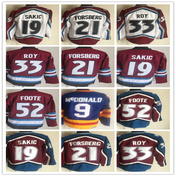 Vintage Ice Hockey Jersey 52 Adam Foote 21 Peter Forsberg 9 Paul 19 Joe Sakic 33 Patrick Roy 1 Chico Resch 14 Rene Robert 9 Lanny McDonald Maroon Wh