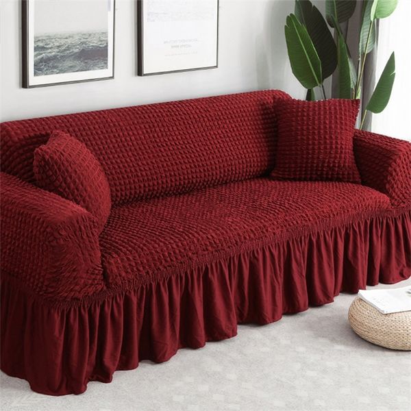 Ruffled Seersucker Sofa Cover for Living Room Thick Elastic Solid Stretch Couch Slipcovers 1-2-3-4 Seater Armchair 220302