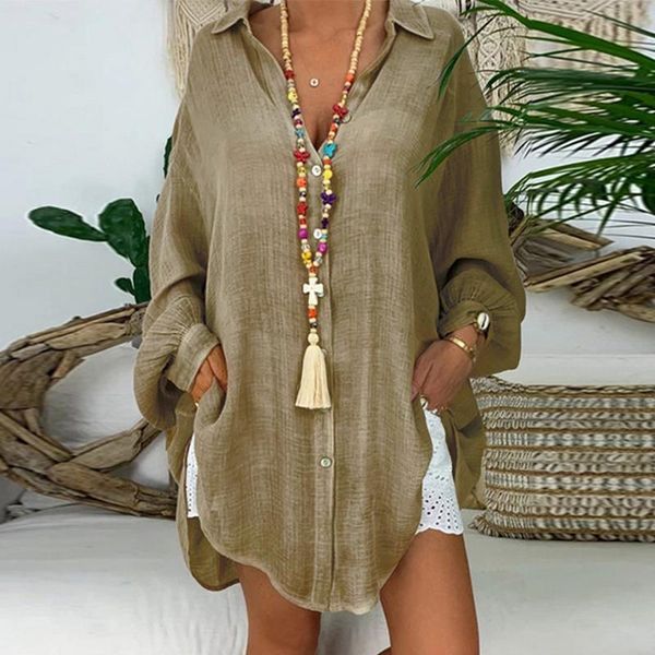 Women&#039;s Blouses & Shirts Long Sleeve Cotton Linen Button Solid Loose Female Tunic Casual V Neck Plus Size Autumn Cardigan