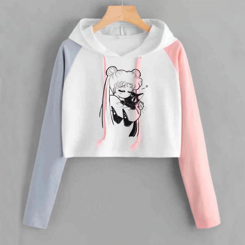 Sailor Moon Crop Kawaii Clothes Womens Sweatshirts Long Sleeve O Neck Harajuku Cat Copped Hoodie For Ladies Gils
