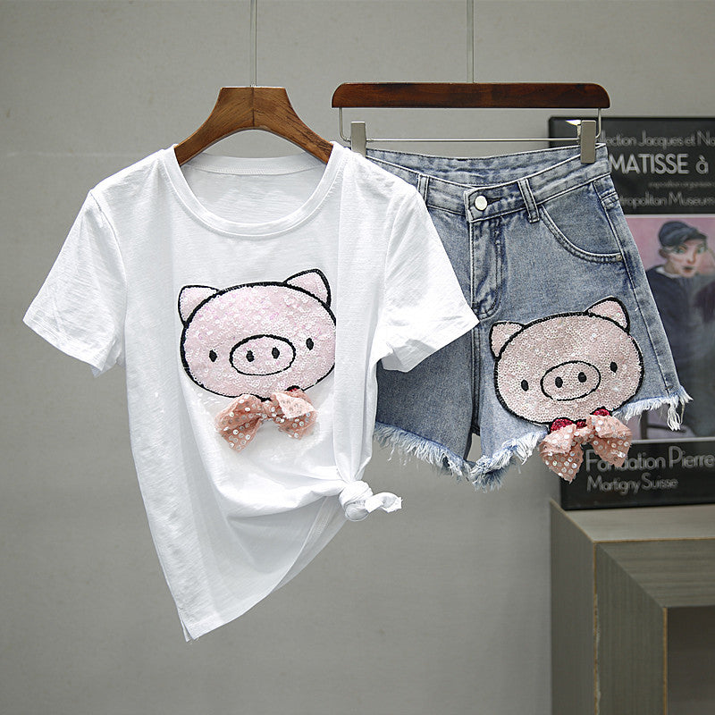 Skirts women summer 2 piece set sequins cartoon pig print short sleeve T-shirt and denim shorts C0O4
