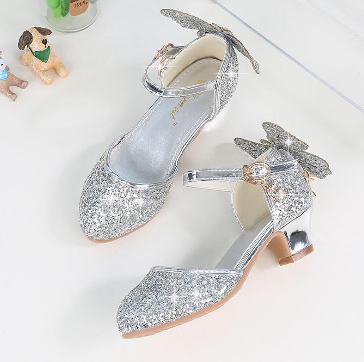 Princess Kids Leather Shoes For Girls Glitter Butterfly Knot Dress Party Children High Heel Csuals Shoe For Pink Silver