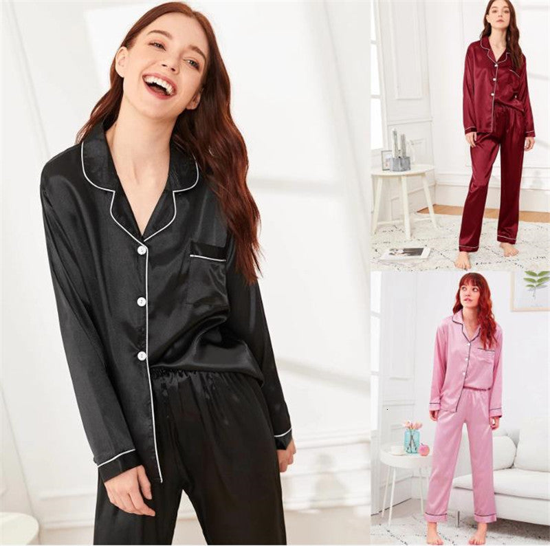 Women&#039;s Lepal Neck Sleepwear Two Piece Pants Soild Color Pajama Night Cardigan Womens Designer Clothing 2021