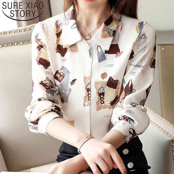 Blouses And Blusas Mujer Chiffon Blouse Print Button Long Sleeve Shirts For Women Tops V-Neck Harajuku 7129 50 210415