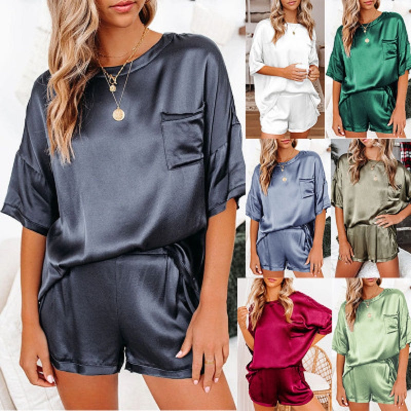 Female Sleepwear Women Summer Two Pieces Silk Satin Pajamas Pyjamas Sets O-neck Short Sleeve Tops and Elastic Waist Shorts