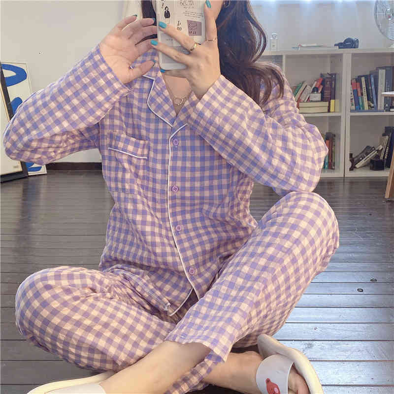 Casual Dresses Plaid Cotton Pajamas Two Piece Suits Soft 2021 Stylish Sleepwear Women Femme Home Chic Loose Sets KELD