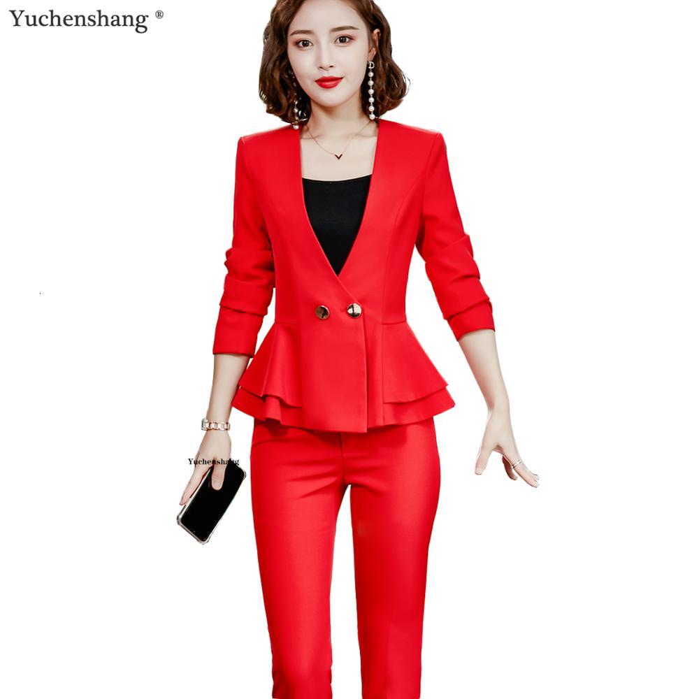 Women&#039;s Suits & Blazers Women 2 Pieces Set Pant Suit High-quality Elegant Office Ladies Work Wear Red White Ruffle Blazer Jacket with Trouse