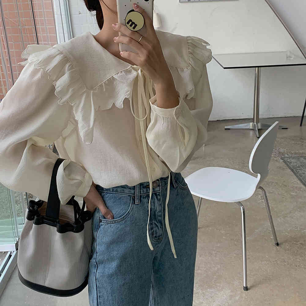 Women&#039;s Blouses & Shirts Vintage White Elegance Sweet Ruffles Spring 2021 Girls Sunscreen Cute Loose Tops Femme Casual Clothe 6ZO2
