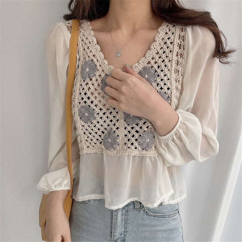 Two Piece Dress Chic All Match Streetwear Hook Flowers Light Embroidery 2021 Vintage Tops Retro Sweet OL Fashion Girls Blouses PASO