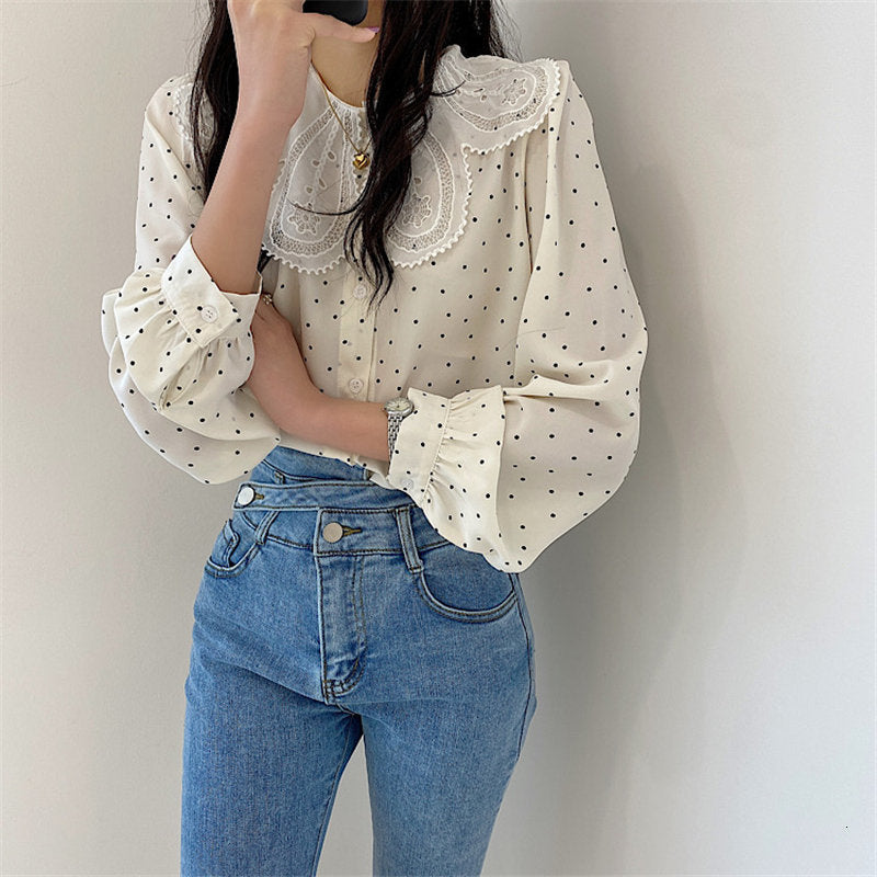 Women&#039;s Blouses & Shirts Patchwork Lace Polka Dots 2021 Stylish Prom Vintage Sweet Femme Streetwear Retro Casual Girls All Match DCME