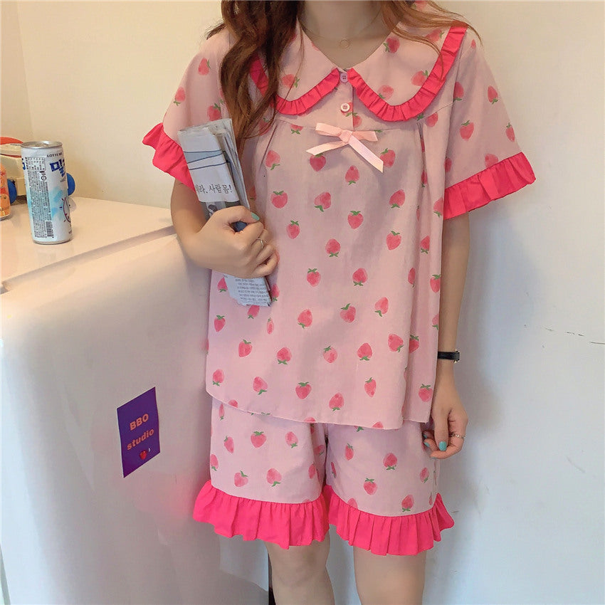 Casual Dresses Girls Sleepwear All Match Printed Cute Korean Ruffles 2021 Sweet Homewear Summer Chic Women Loose Pajamas Sets 5NG3