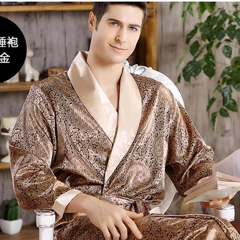 Men&#039;s Sleepwear Satin Silk Men&#039;s Printed Sleepwear Bathrobe High-quality Nightwear Lingerie Navy-blue Nightgown Pajama Sleep Tops