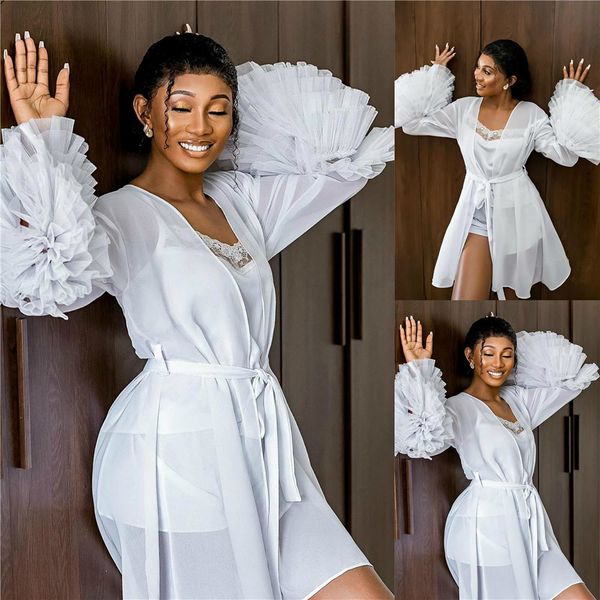 Fashion Bridal Bathrobe Sleepwear White Appliques Tiered Ruffles Long Sleeve Lingerie Nightgown Pajamas Women Robes Nightwear