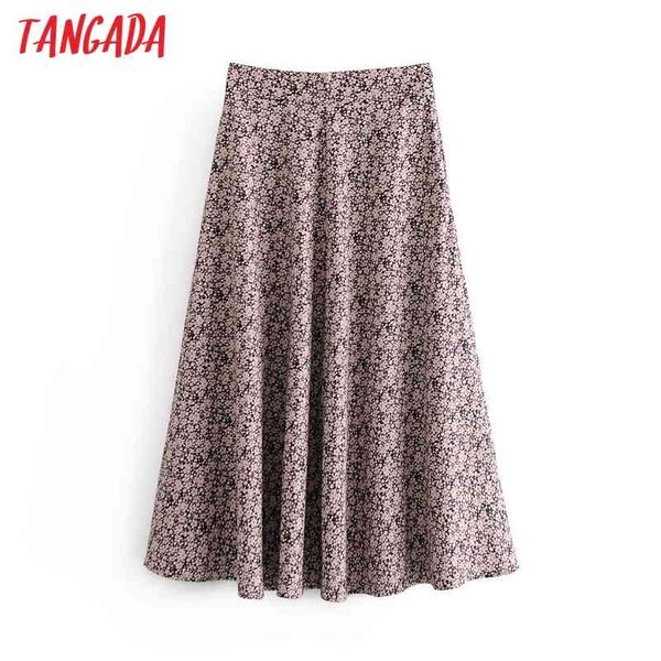 Women Flowers Print A-line Skirt Zipper Spring Fashion Office Ladies Elegant Chic Mid Calf Skirts QN11 210416