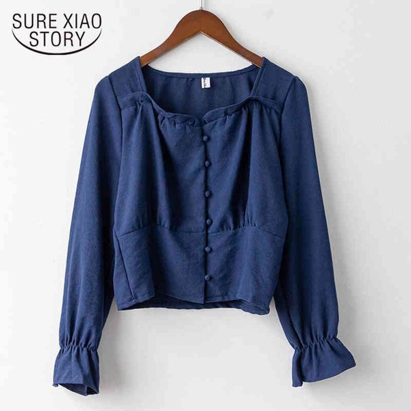 Autumn Square Collar Short White Blouse Loose Cardigan Long Sleeve Top Cotton Women Shirt Casual Blusas Elegantes 11898 210415