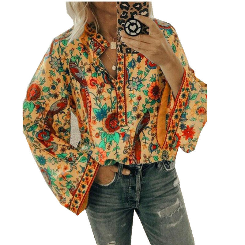 Women&#039;s Blouses & Shirts Elegant Women Boho Lantern Shirt Long Sleeve Loose V neck Floral Tops Ladies Hippie Tunic Blouse Autumn Casual I1XT