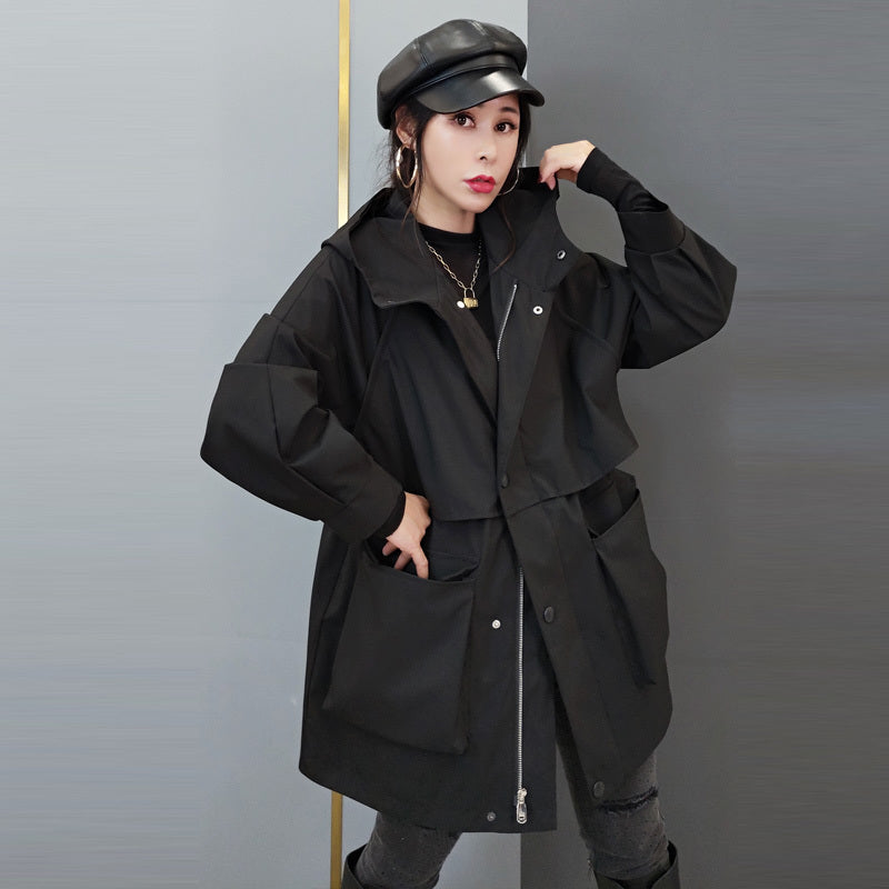 Casual Dresses Plus Size Hooded Trench Coat Women Spring Autumn Korean Mid-length Overalls Parker Windbreaker Female Outerwear JOV