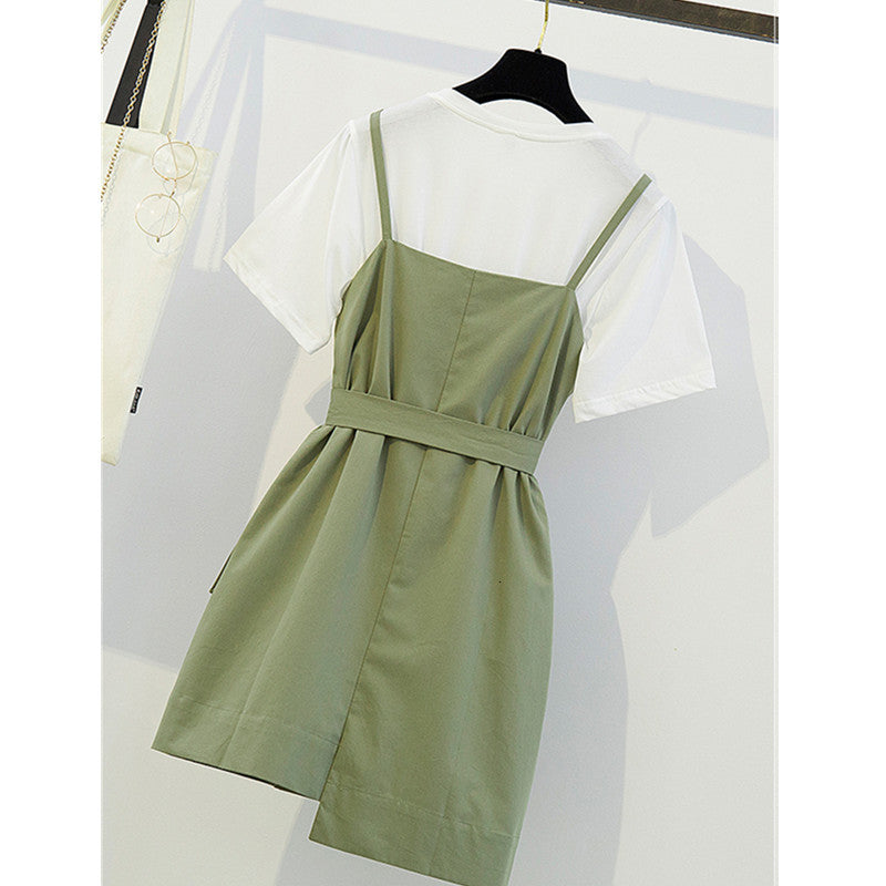 Two Piece Dress Pieces Set es Women White T-shirt+Sling Summer Plus Size Office Ladies Sets Vestidos L-4XL Q1245 1F0G