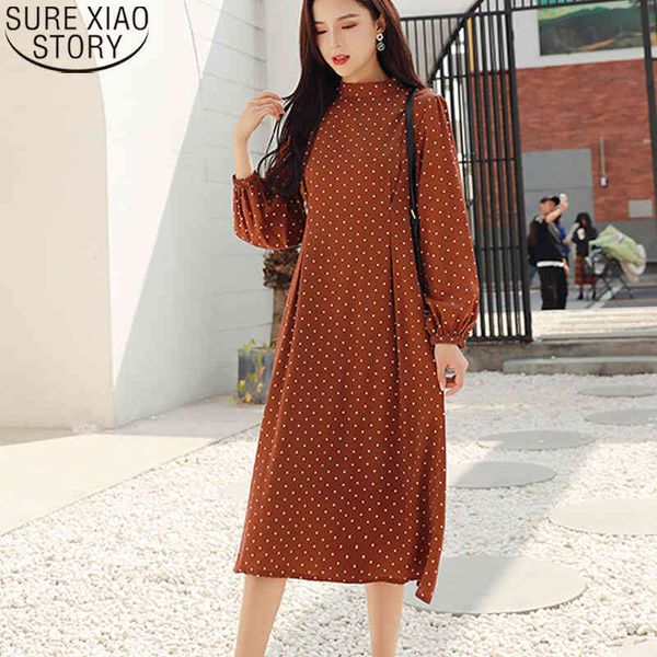 Women Vintage Long Sleeve Casual A-Line Dot Zippers Midi Dresses Empire Stand Collar Korean Elegant Dress 8559 50 210417