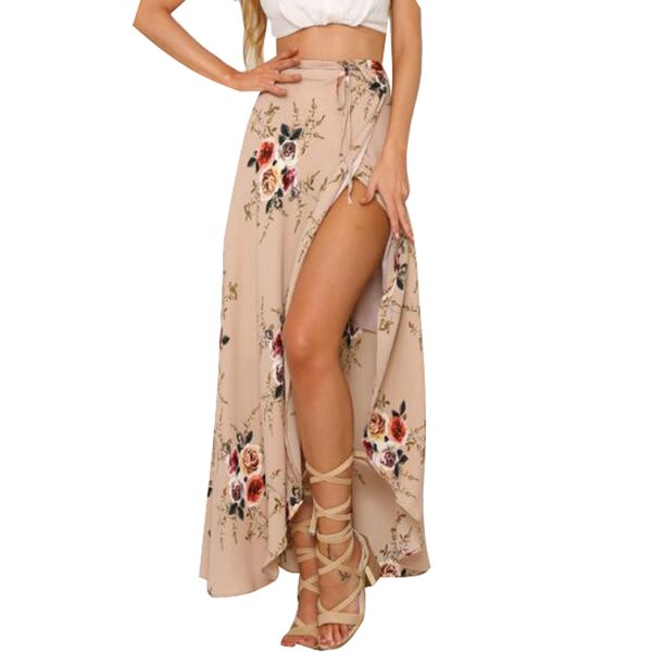 Women White Irregular Long Skirt Summer Boho Vintage Floral Print Side Slit Wrap Maxi Skirt Girl Waist Skirts female 210419