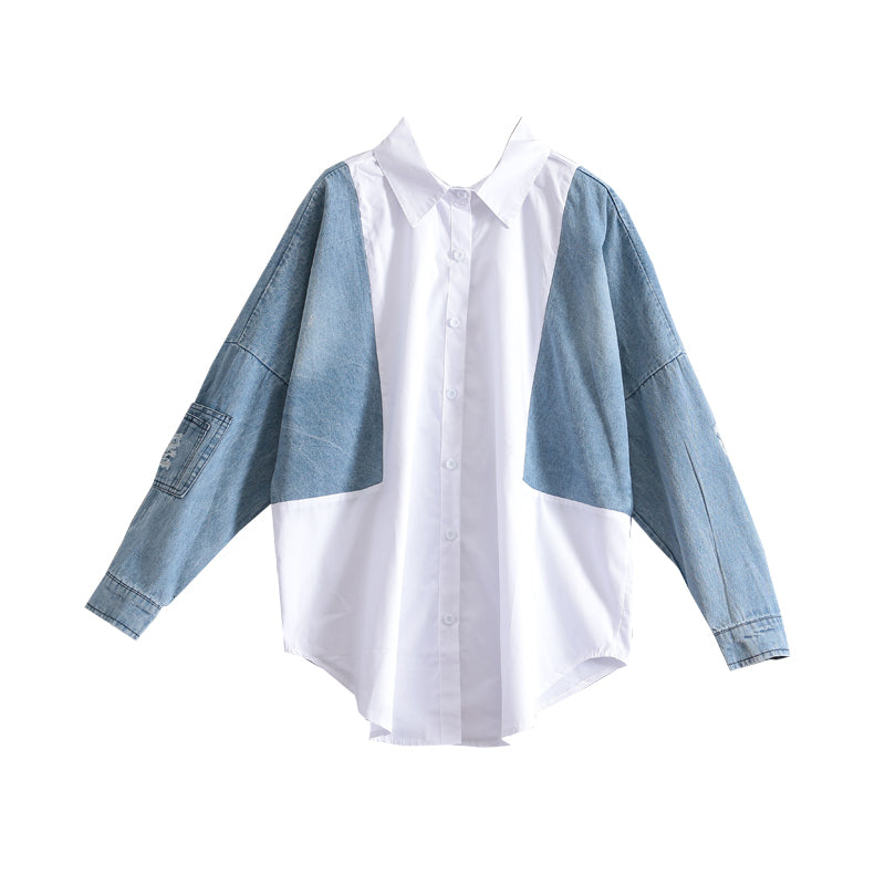 Women&#039;s Blouses & Shirts Stitching Denim Cotton Loose Pluz Size Wild and Tops Female Fashion Casual Clothing 9CGW