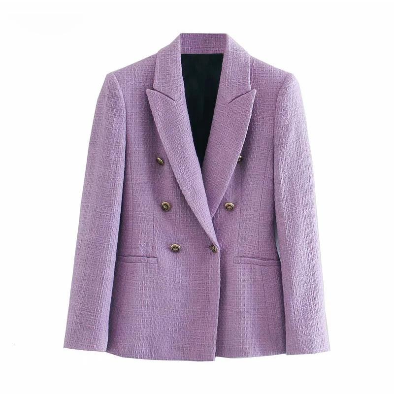 Women&#039;s Suits & Blazers Fashion Double Breasted Purple Tweed Blazer Women Office Wear Chic Jacket Coat Elegant Long Sleeve Outerwe