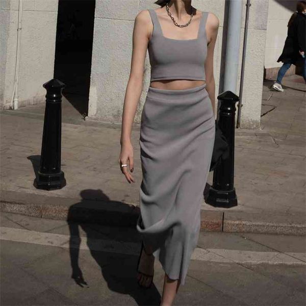 Summer Skirts Set Woman Ribbed Tube Tops High Waist Midi Office Ladies Suit 210421