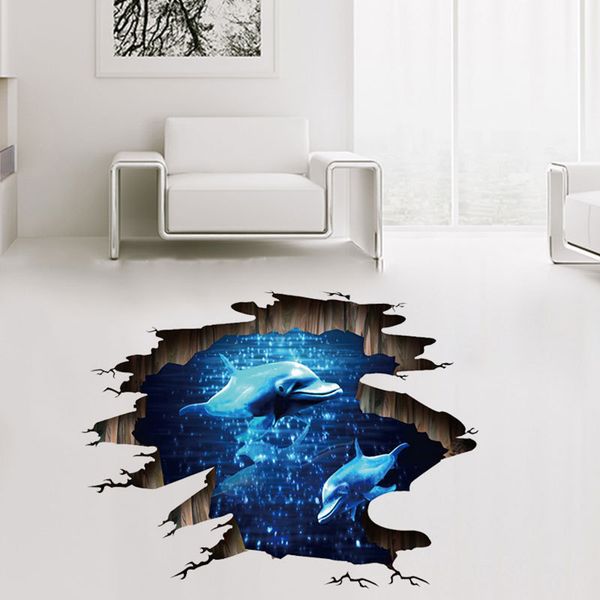 3D dark blue dream dolphin floor Sticker bathroom living room floor decoration mural wall stickers home decor decals wallpaper 210420