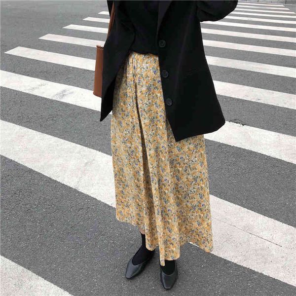 Spring Skirts Female OL High Waist Floral Print Long A-line Pleated Saias Femme Maxi Skirt Women 210421