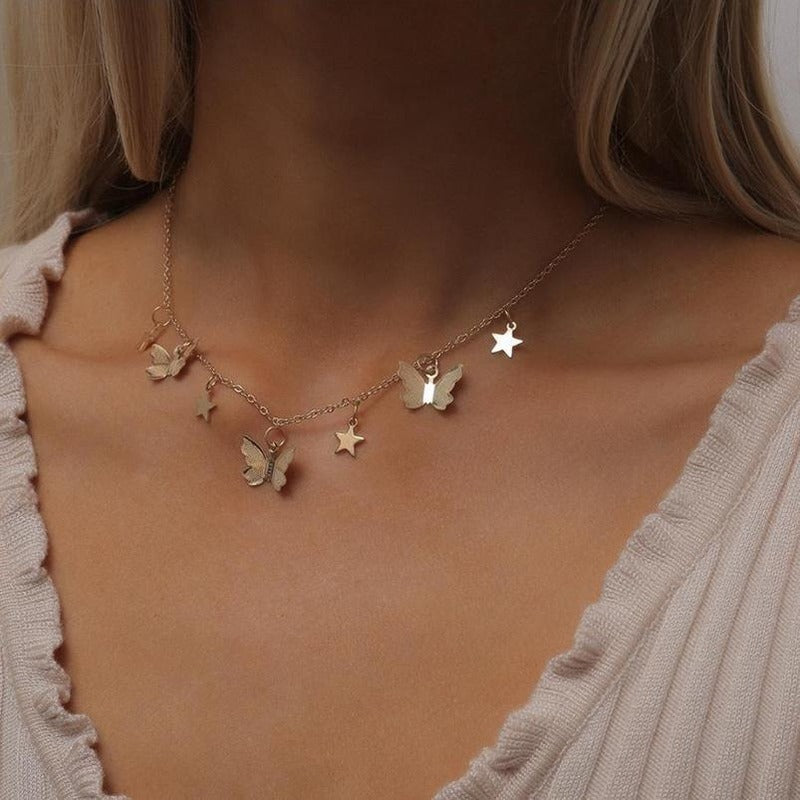 Two layers Necklace Choker Butterfly Star Bead pendant gold color silver color plated alloy chain women 2020 Fashion jewelry