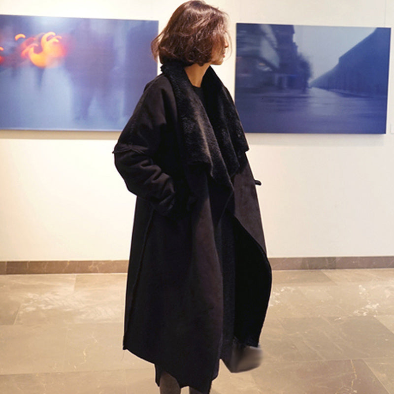 leather winter women suede leather outerwear long faux lamb wool shearling coats patchwork belt fake sheepskin coat black A182