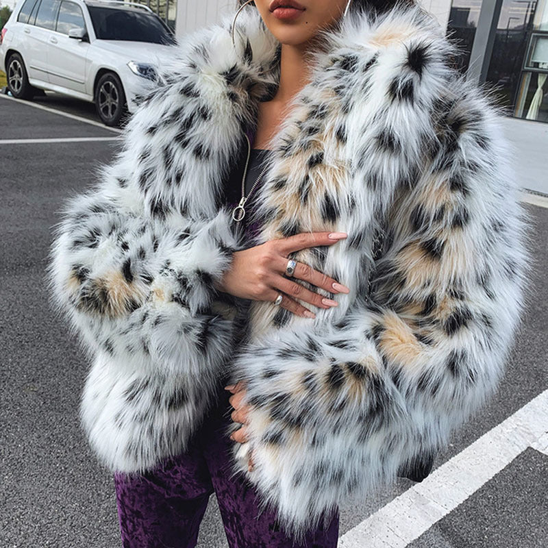 blends high quality WINTER women fashion Lynx pattern faux coats Korean elegant notched collar fake fox fur outerwear A64