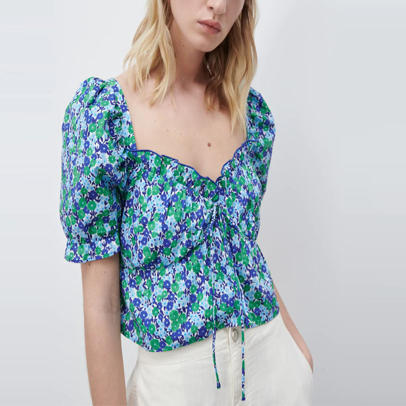 blouses Floral Print Cropped Blouse Women Short Sleeve V Neck Ruffle Vintage Summer Tops Woman Chic Back Zip Tied Shirts