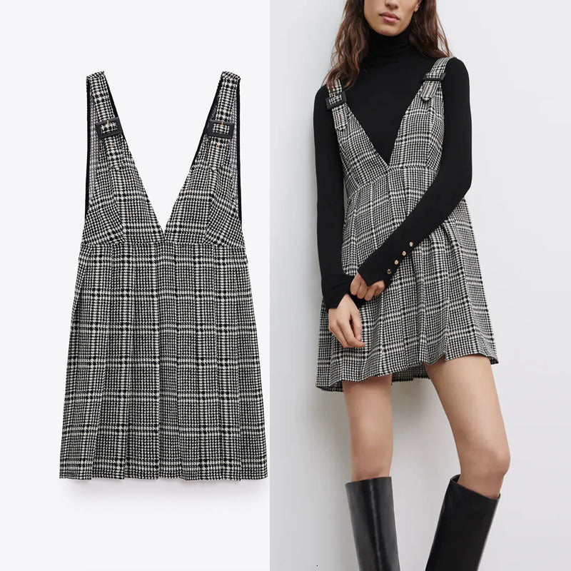dresses Plaid Pinafore Women Adjustable Wide Straps Pleated Short es Female Fashion Sleeveless Office Lady Vestido