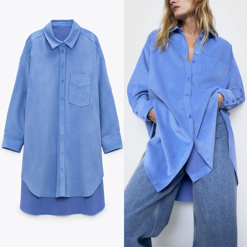 dresses Fine Waled Corduroy Oversized Shirt Women Sleeve Roomy Irregular Long Blue Shirts Woman Chic Plus Size Office Top