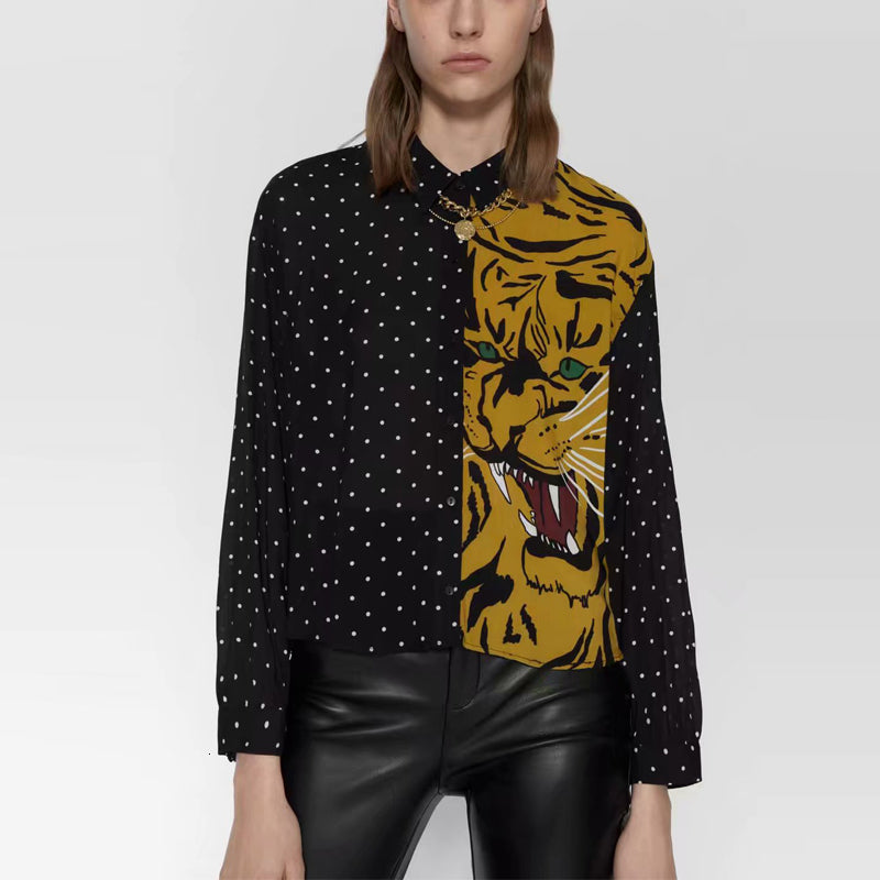dresses Vintage Animal Print Long Sleeve Shirt Women Lapel Collar Casual Office Lady Shirts Woman Fashion Front Button Tiger Top