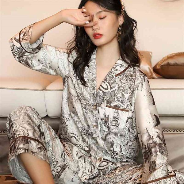 Maison Gabrielle Floral Printed Satin Pajamas Set Women Loungewear 2Pcs Long-Sleeve Stretchy Loose Nightwear Sleepwear 210330