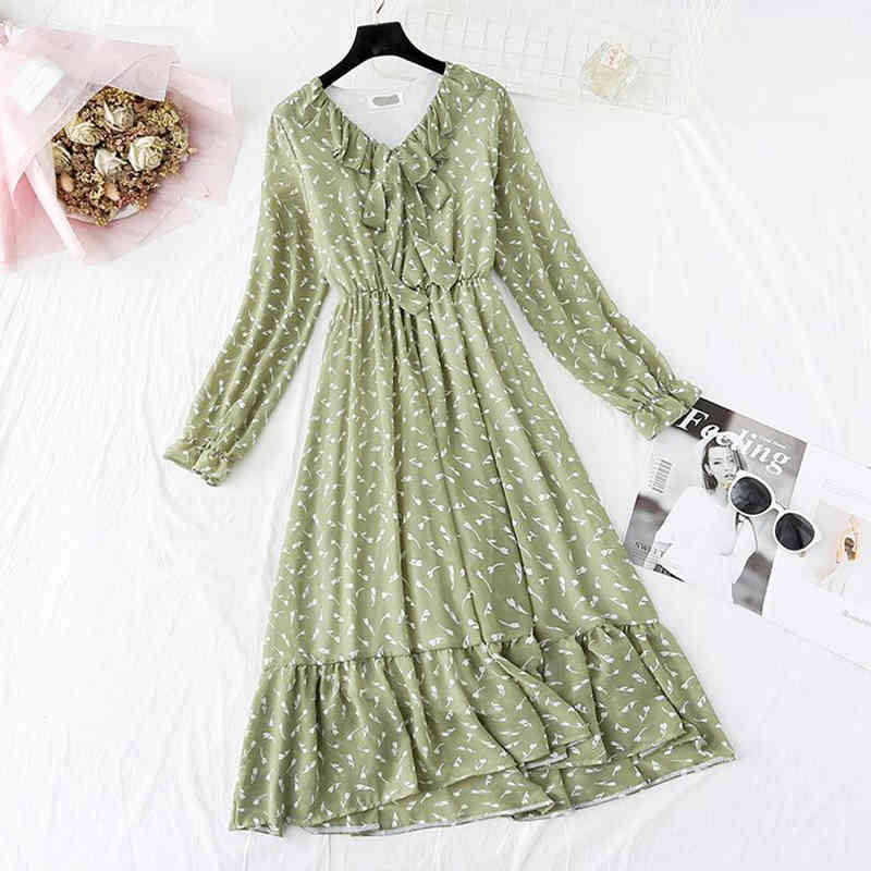 dresses Women Elegant Spring V-neck Green Print Office Lady Chiffon Casual Long Sleeve Ruffle es Vestidos