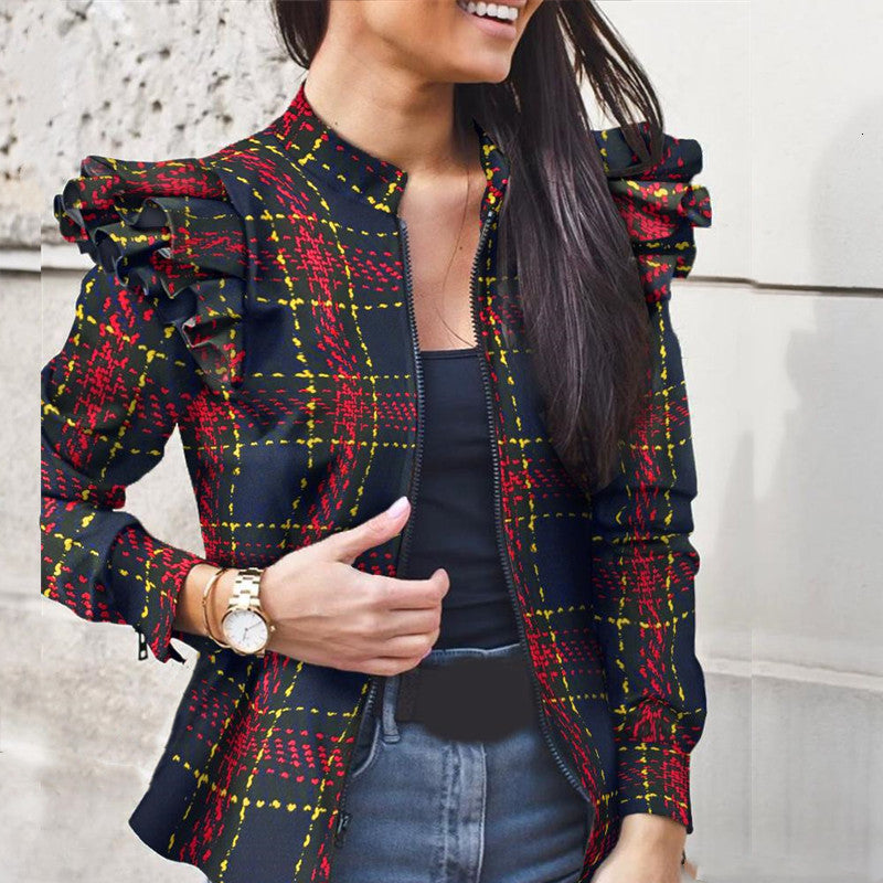 polos Women Autumn Slim Zipper Ruffles Camouflage Plaid Dot Print Spring Short Coat Woman Jacket Femme Veste Outerwear Tops