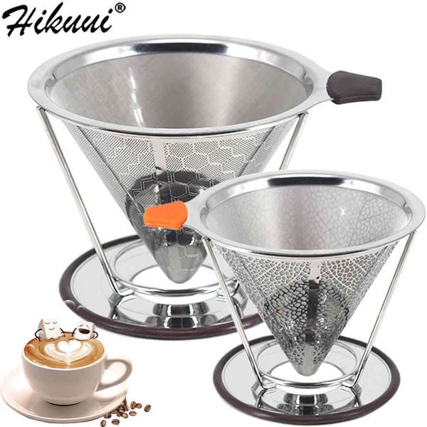 Reusable Coffee Filter Stainless Steel Double Layer Mesh Basket Brewing Coffee Holder Cone Funnel Dripper Coffee Making Tools 210331