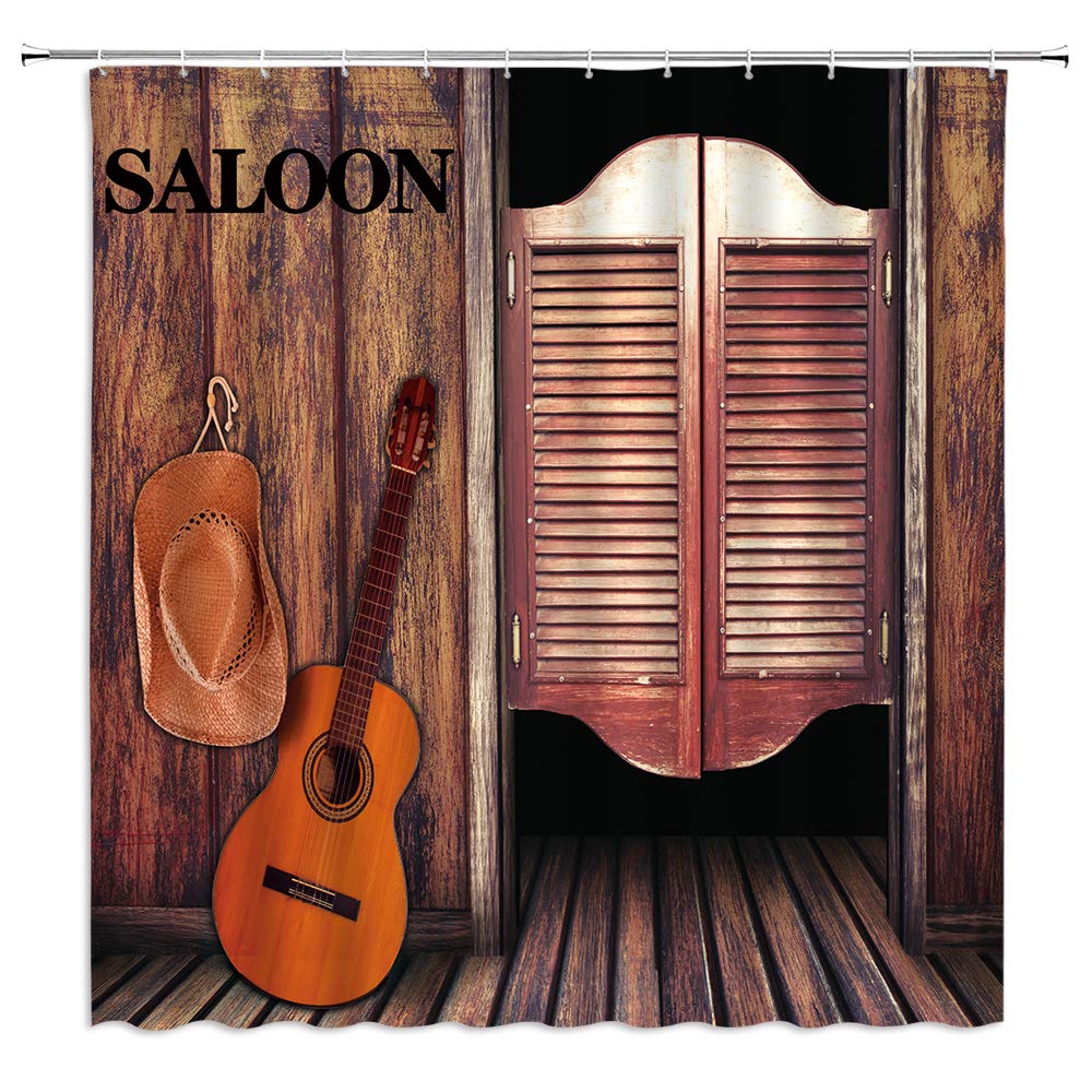 Western Saloon Shower Curtain Cowboy Hat Guitar Against Wooden Wall Decor Old Nostalgic Country Bar Photo,Fabric Bathroom Set