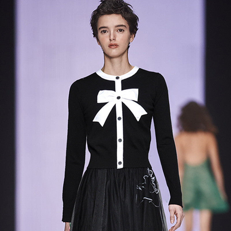 sweaters Early Spring Cute Bows Women Female Black White Color Block Knitted Short Sweater Cardigan Slim Knit Top Outerwear