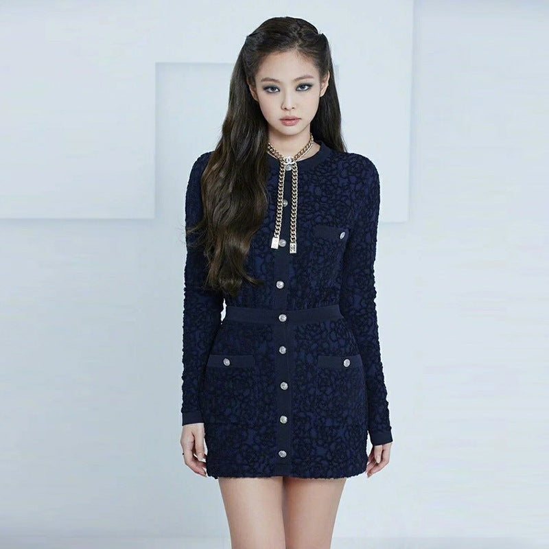 dresses New Runway Navy Blue Knitting Women Round Collar Single-breasted Long Sleeve Mini Sweater Dress