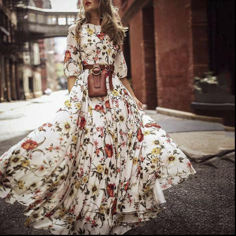 trendy Women Dresses Womens Boho Summer Long Dress Floral Maxi Party Evening Beach Sundress Plus Size Vestidos de festa S