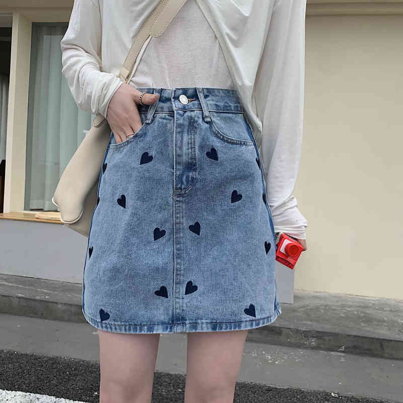 skirts Fashion Sweet Denim Embroidery Hearts Plus Size Loose All Match Brief Stylish Women Office Lady Skirts