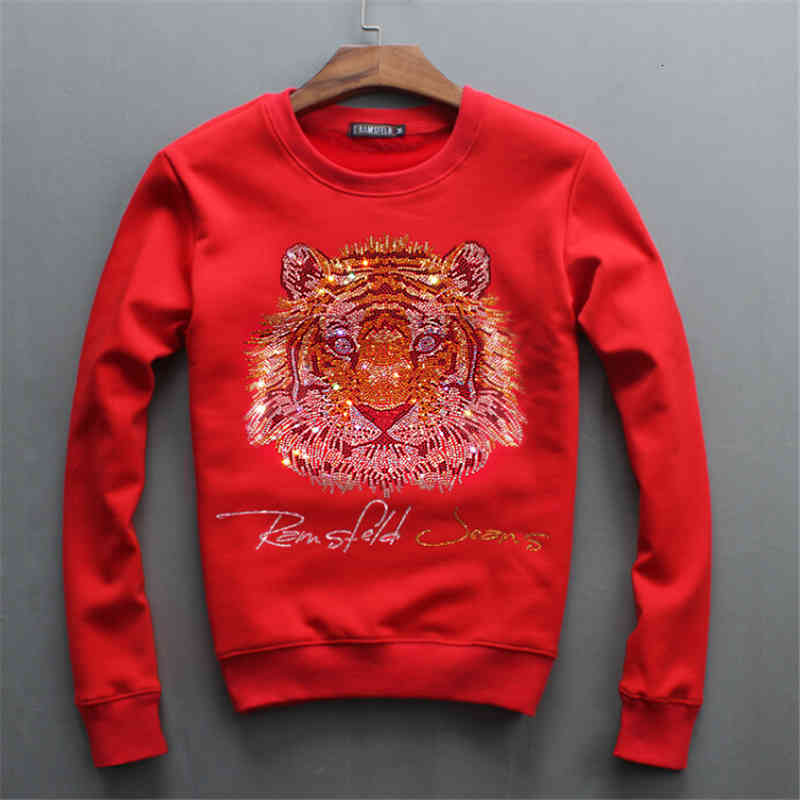 Men&#039;s Hoodies & Sweatshirts of hoodie autumn head round neck sweatershirt Diamonds Tiger youth leisure hoody X5I5