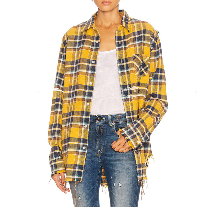 sweaters 2021 Fringe Plaid Shirts Women Top And Blouses Sleeve Oversized Cotton Long Blusas Loose Female Button up Shirt