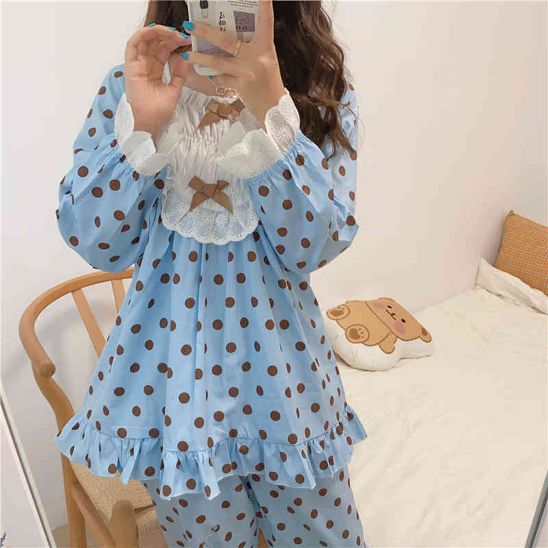 sleepwear Comfortable Cotton Polka Dots Bow Princess Lace Korean Cute All Match Girls Women Sweet Chic Pajamas Sets